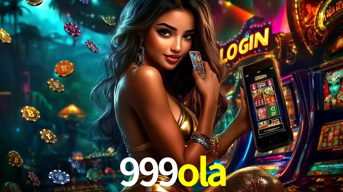 Mulher em um cenário de cassino temático de aventura, mostrando o app de caça-níqueis da 999ola no celular. Fichas de apostas flutuam ao redor.