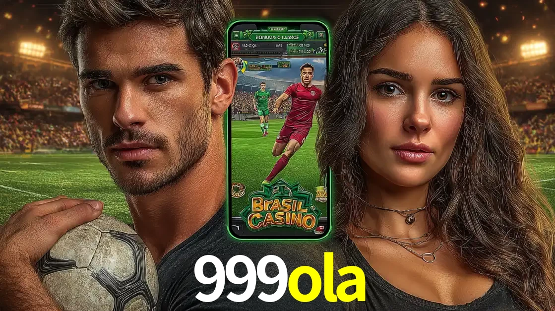 Homem segurando uma bola de futebol e uma mulher ao lado de um smartphone exibindo o jogo de apostas esportivas da 999ola. Faça seu palpite no cassino online.